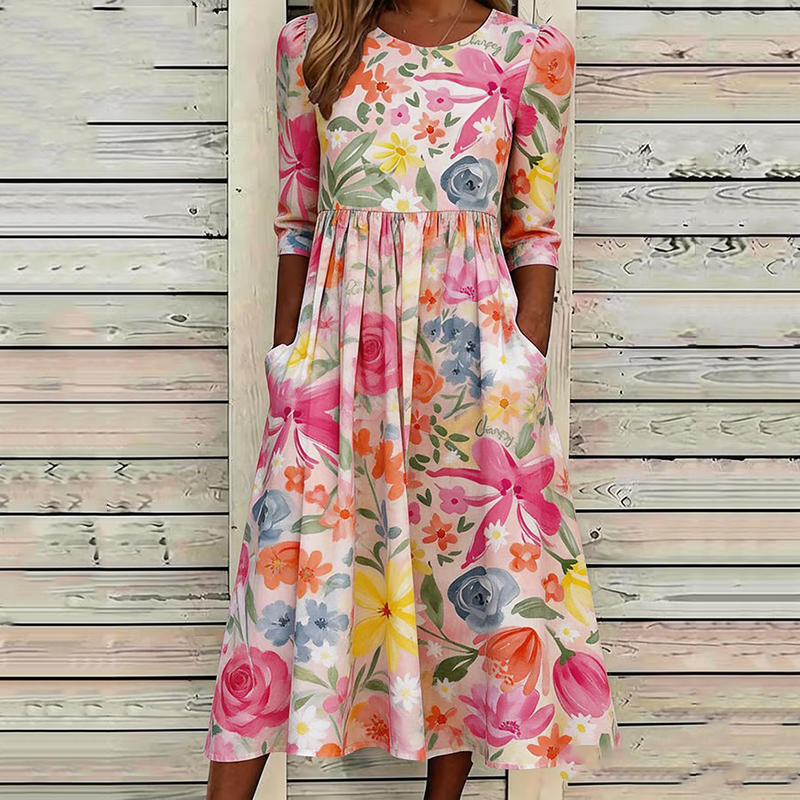 Comstylish Women's Vintage Floral Art Print Cotton Linen Crew Neck Maxi Dress