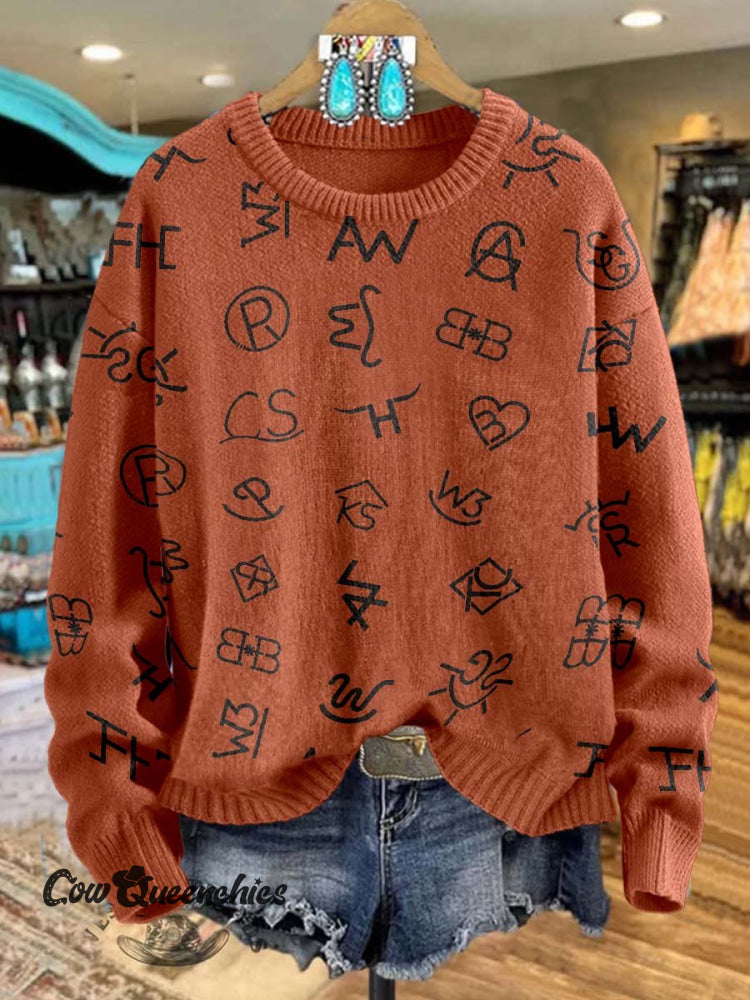 Western Cattle Brands Print Knit Pullover Sweater Orange / S