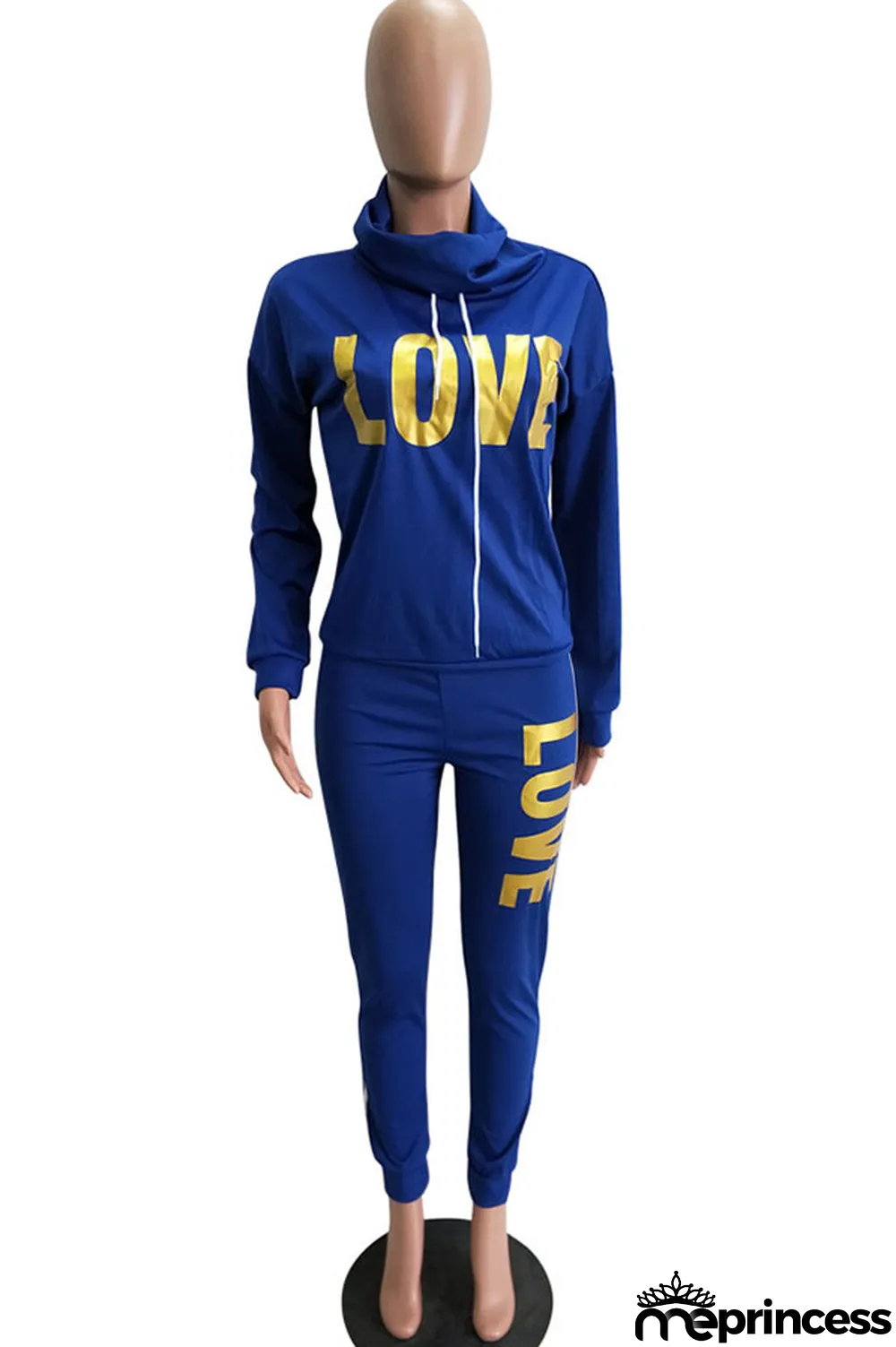 Royal blue Fashion Print Patchwork O Neck Long Sleeve Two Pieces