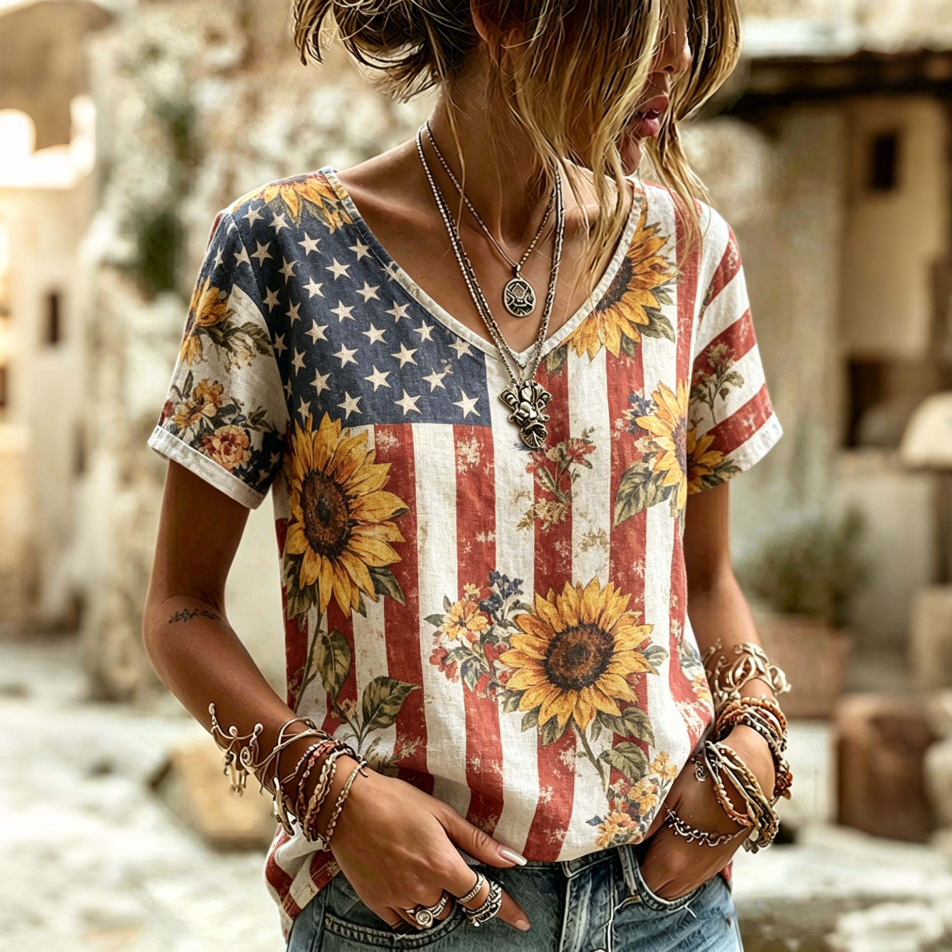 Comstylish Women's Independence Day Flag Floral Print Linen Blend Casual Short-sleeve T-shirt