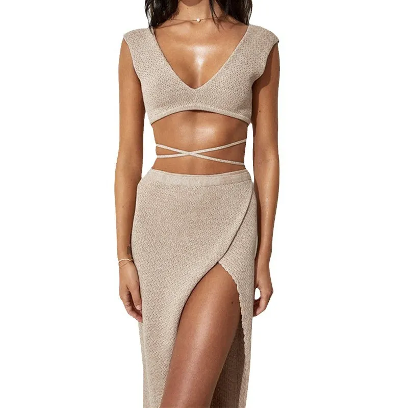 Athvotar Athvotar New Hollow Bikini Shirt Small Vest Long Dress Two-Piece T-Shirt With Cross-Beach Sunscreen