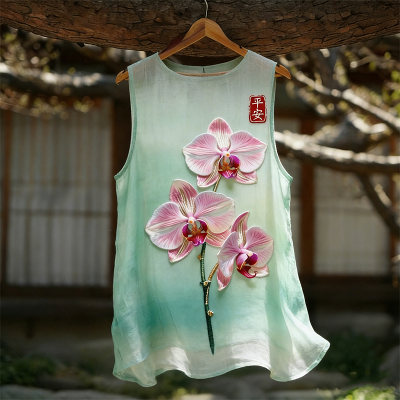 Comstylish Classy Orchid Flowers Flowy Linen Tank Top
