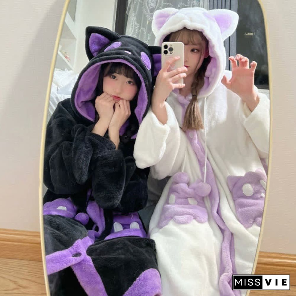 Cartoon Ghost Cat Plush Hooded Pajamas Set