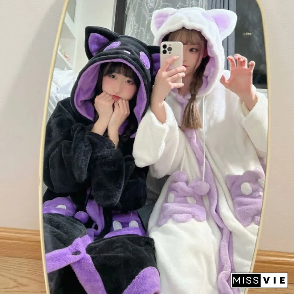 Cartoon Ghost Cat Plush Hooded Pajamas Set