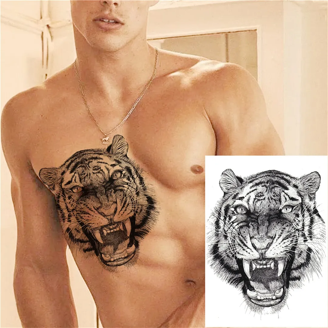 3D Lion Tiger Temporary Tattoos For Men Women Adult Black Wolf Tattoo Sticker Realistic Fake Bear Mountain Disposable Tatoo Body