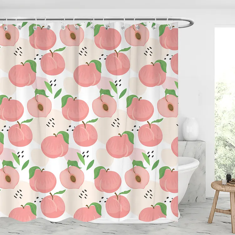 Summer Peach Waterproof Shower Curtains With 12 Hooks
