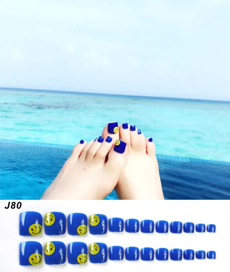 24Pcs Pretty Summer Beach Toes False Nails Rhinestone Pre-design Full Cover Red Foot Artificial Fake Nails with Glue Nail Beauty-Nail Inspo
