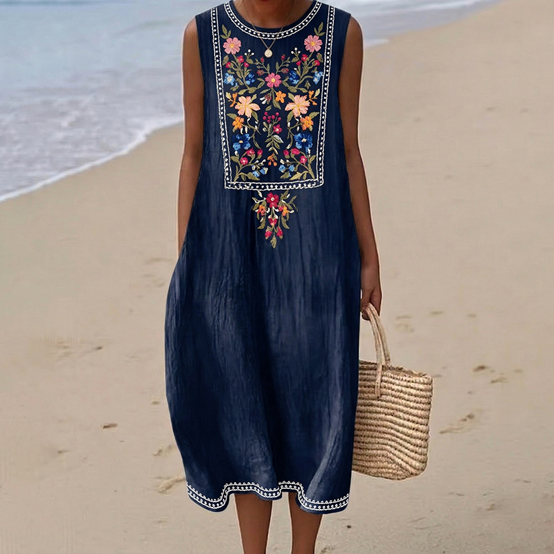 Women's Vintage Bohemian Floral Pattern Round Neck Sleeveless Midi Dress elevenforest