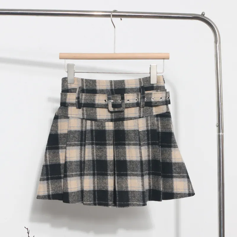 Churchf S-2XL With Belt ~ Lattice Hair Of The Hundred Folded Skirt High Waist Anti-Light Small A-Word Skirt 8382