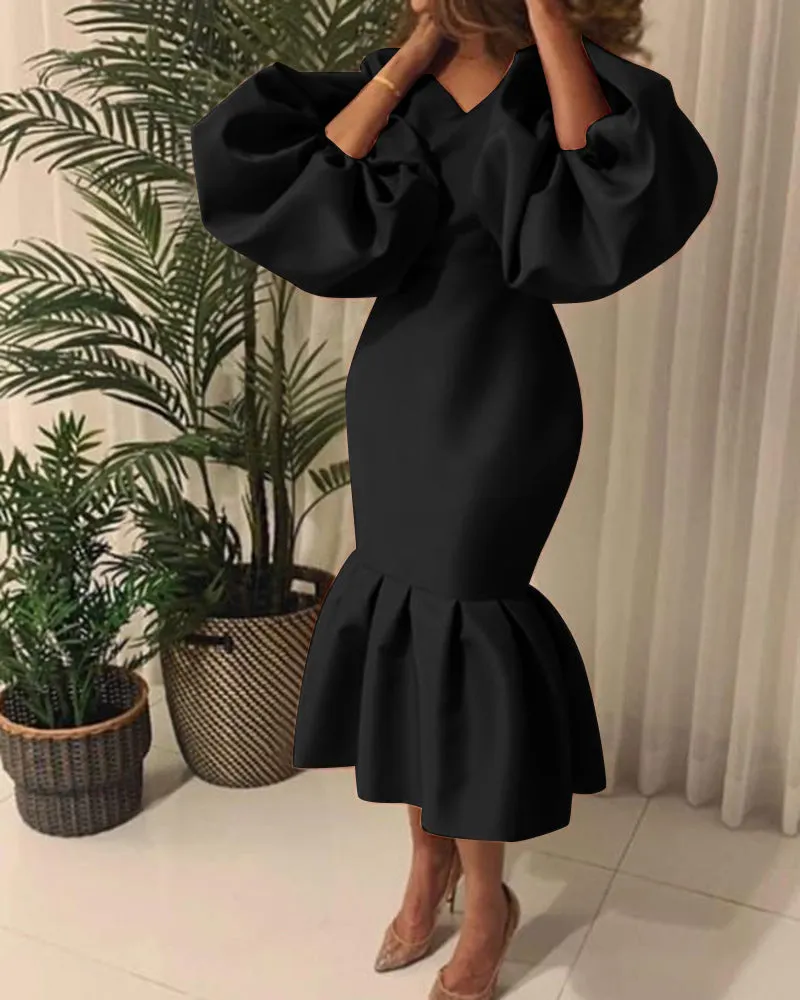 Brownm Commute Plus Size Women's Fashion Solid Color V-neck Bubble Long Sleeve Fishtail Dress