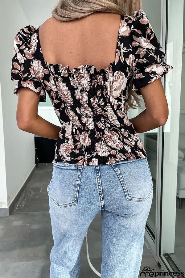 Floral Puff Sleeve Smocked Back Top