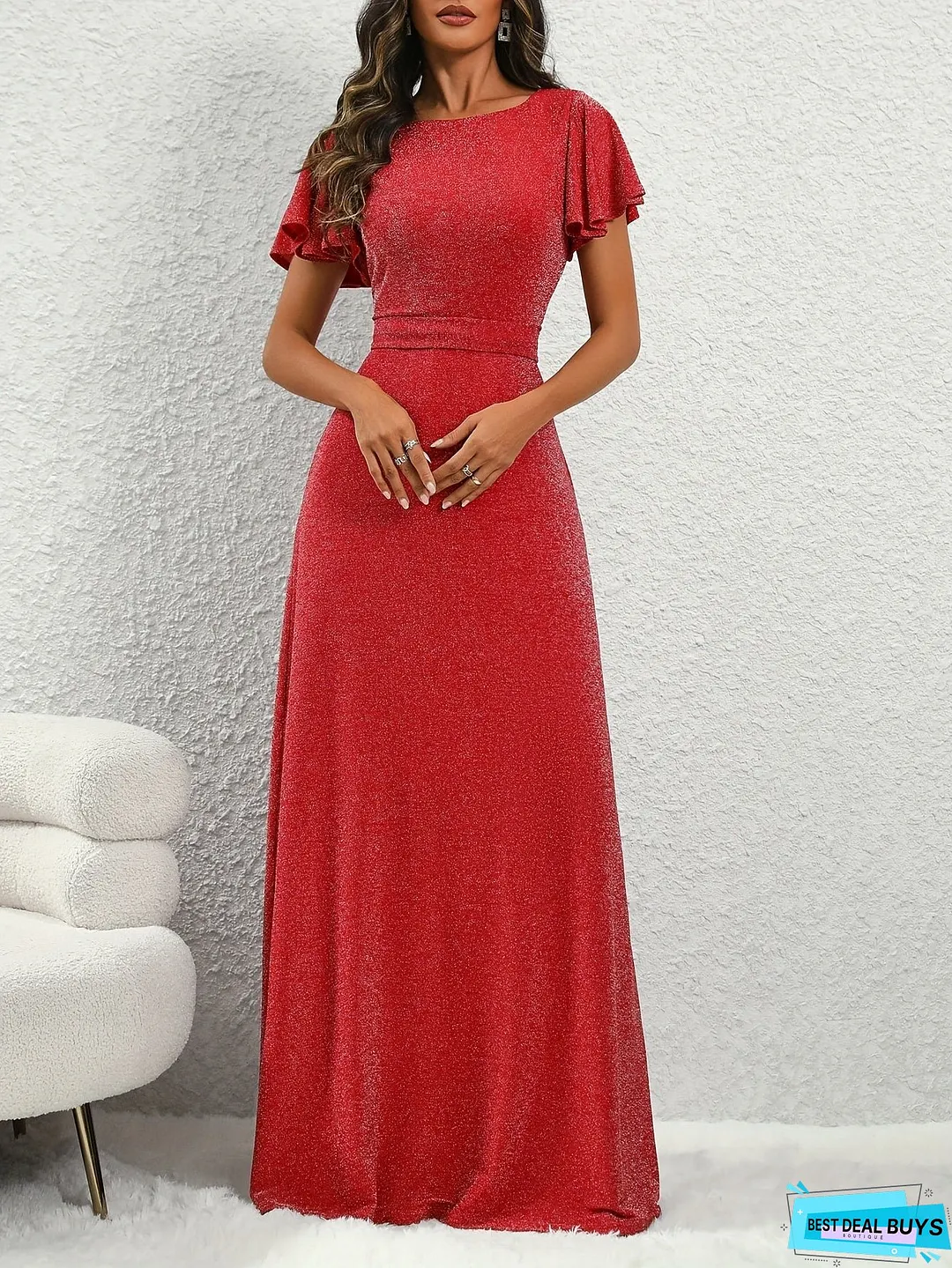 Flutter Sleeve Floor Length A-line Dress, Elegant Crew Neck Tie-waist Dress For Party & Banquet, Women's Clothing