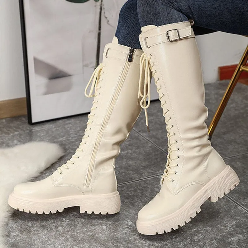 New Women Boots Mid Calf Boots Solid Color Lace Up Female Boots Platform Non Slip Zipper Ladies Fashion Motorcycle Shoe 2021