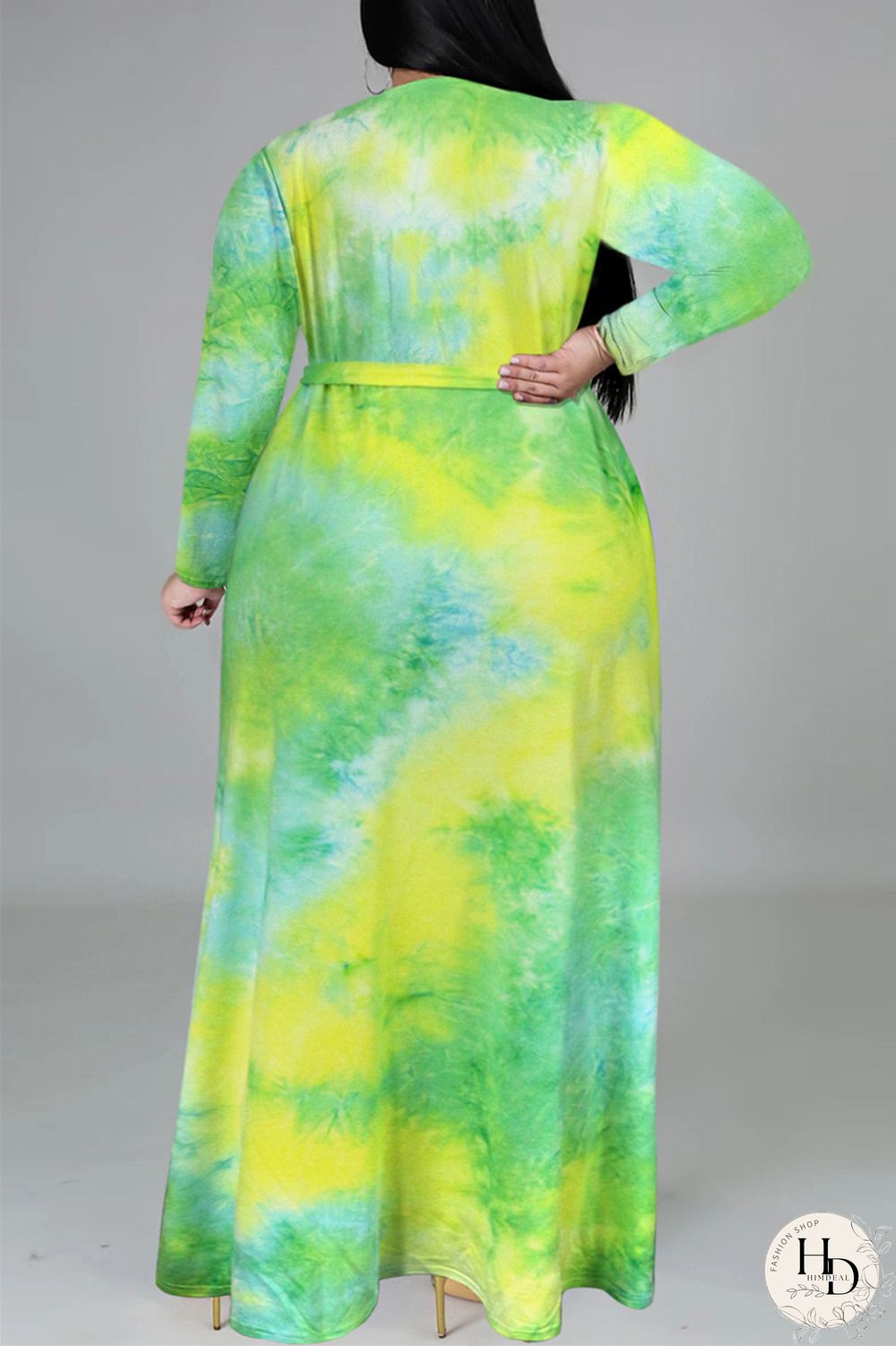 Colour Fashion Casual Print Tie-dye V Neck Long Sleeve Plus Size Dress