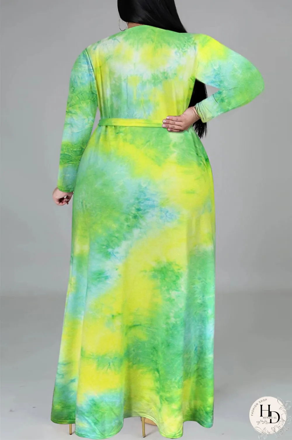 Colour Fashion Casual Print Tie-dye V Neck Long Sleeve Plus Size Dress