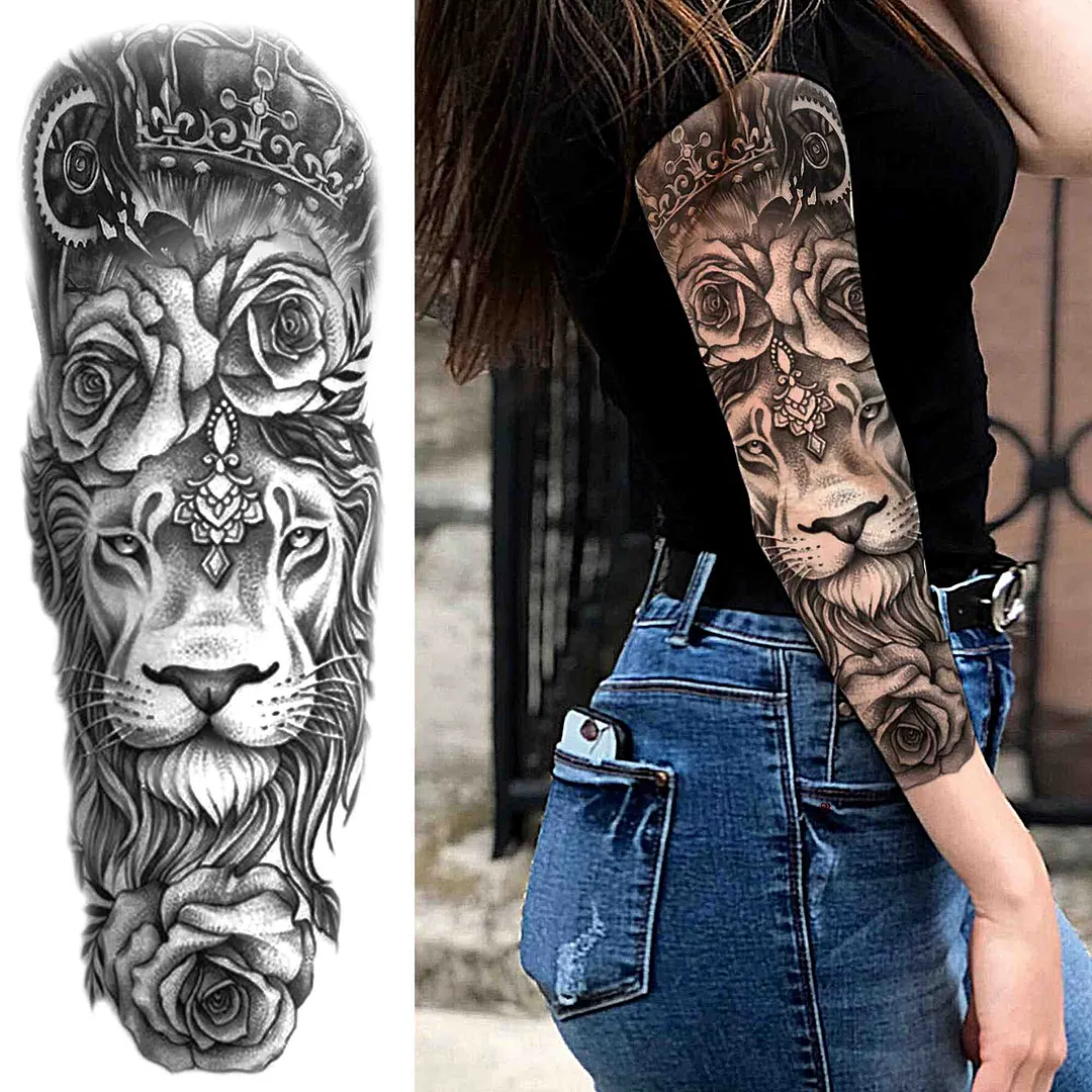 Sexy Girl Flower Temporary Tattoos For Women Men Black Lion Triangle Tattoo Sticker Fake Tribal Full Arm Sleeve Tatoos Paste 1108-1