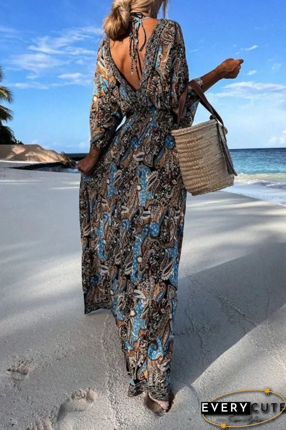 Fashion Print Printing V Neck Beach Dresses(3 Colors)