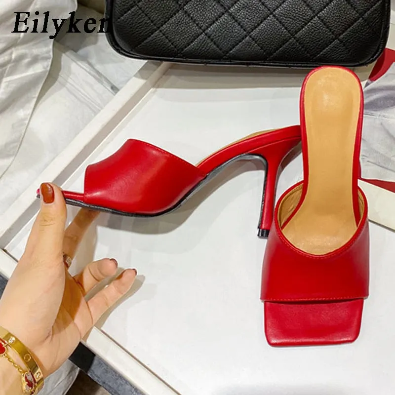 Eilyken 2022 New Summer Women's Mules Slippers Elegant Square Toe High Heels Slippers Ladies Slides Shoes Femme Zapatos Mujer