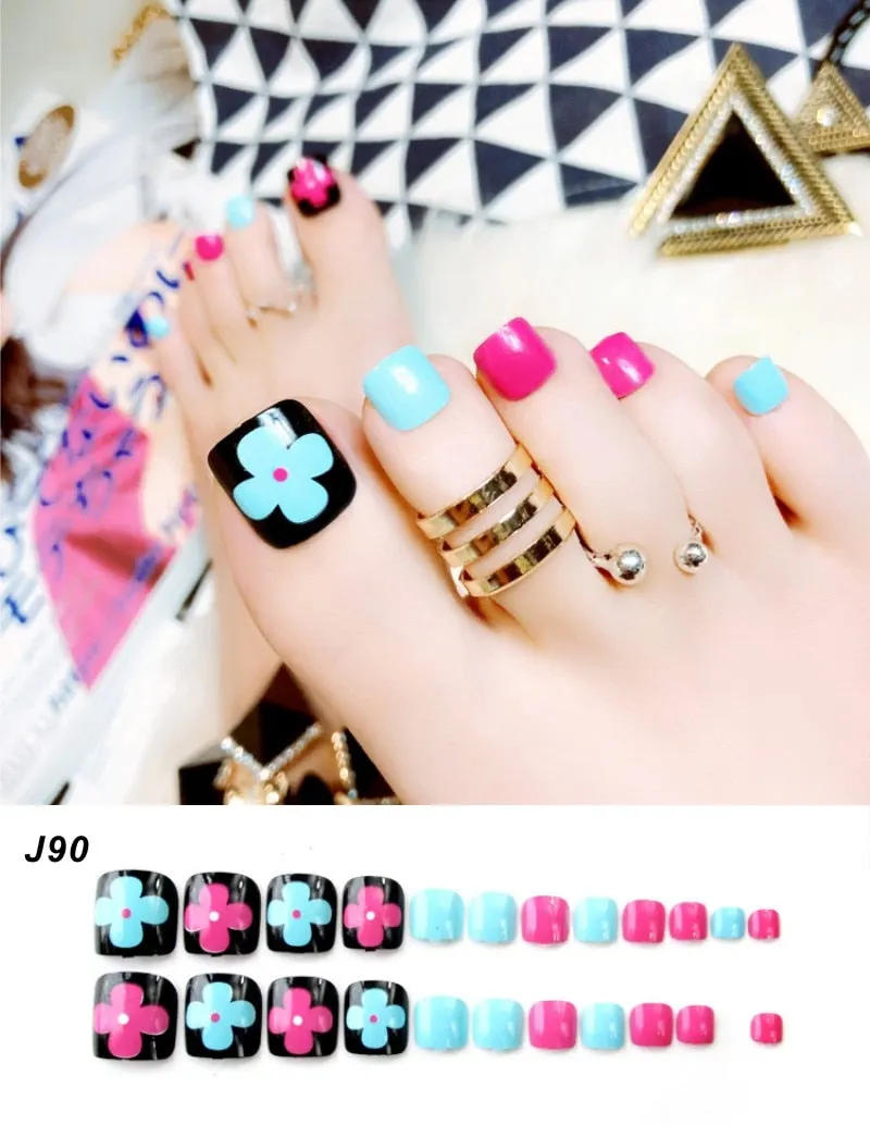 24Pcs Pretty Summer Beach Toes False Nails Rhinestone Pre-design Full Cover Red Foot Artificial Fake Nails with Glue Nail Beauty-Nail Inspo