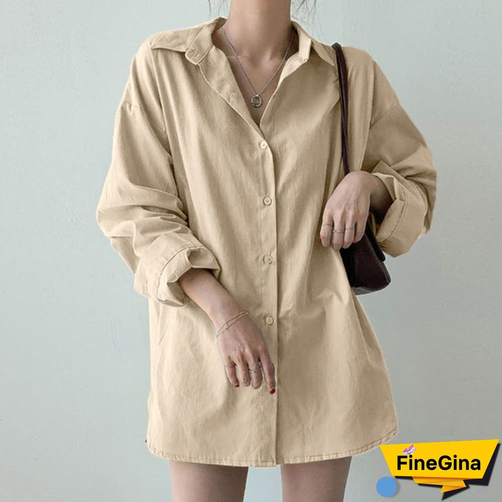 Women Drop Shoulder Long Sleeve Shirt Side Slit Oversized Shirt Casual Blouse