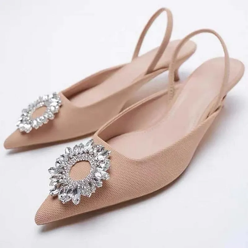 Women Pointed Toe Shoes Light Yellow Diamond Shallow Mouth Slippers Back Strappy Low Heel Sandals For Women 2021 New Arrival