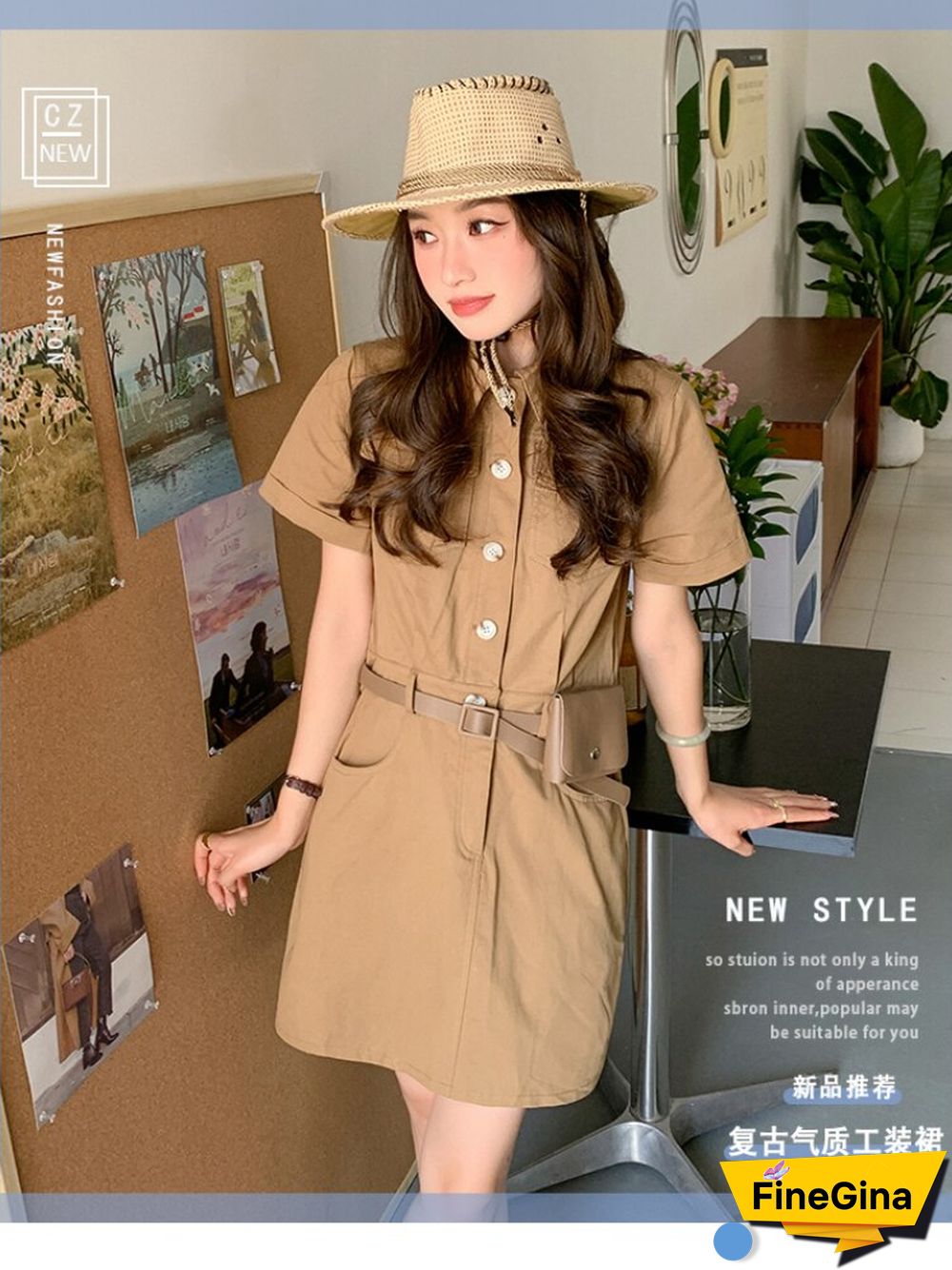 Safari Style Slim Fit Dress Women Summer Vintage Khaki Dresses With Waist Bag Female Button Cowboy Vestidos Mujer