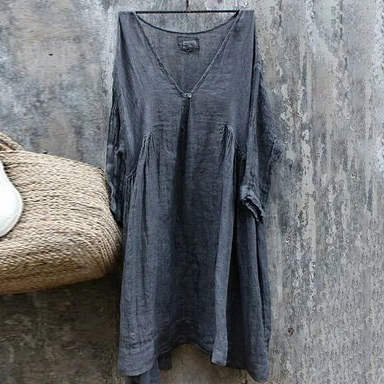 Vintage Loose Fitting V-Neck Long Sleeved Midi Dress