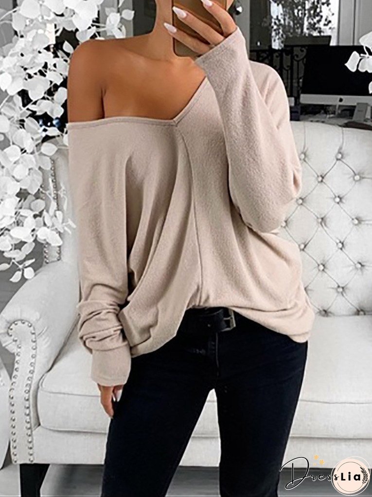 Women's T-Shirts Simple V-Neck Off-Shoulder Long Sleeve T-Shirt