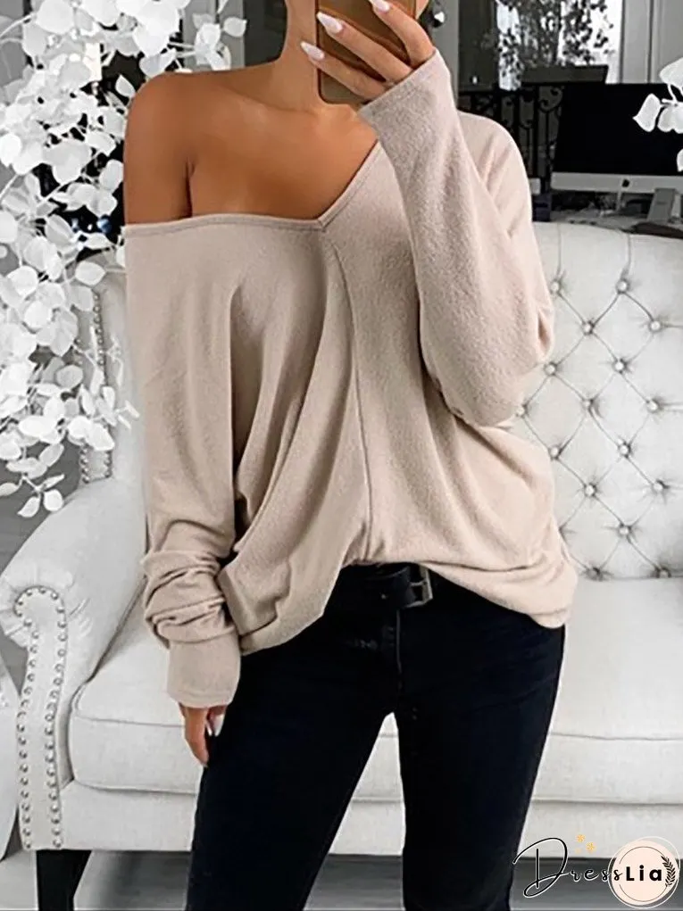 Women's T-Shirts Simple V-Neck Off-Shoulder Long Sleeve T-Shirt