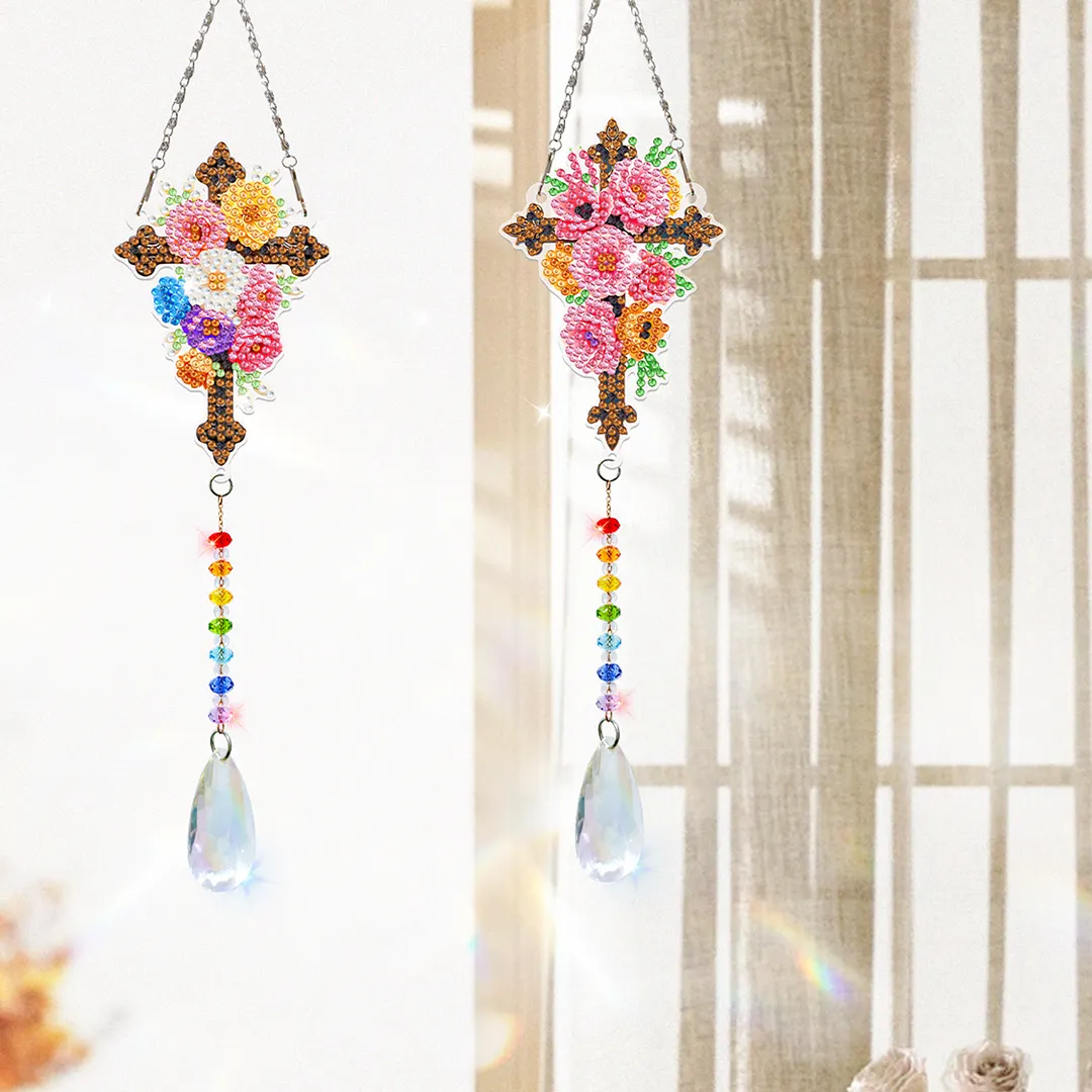 2Pcs Cross DIY Acrylic Diamond Painting Art Wind Chimes with Crystal Pendant Diamond Art Hanging Pendant Double-Sided for Adults Beginners Gift Home Garden Decor