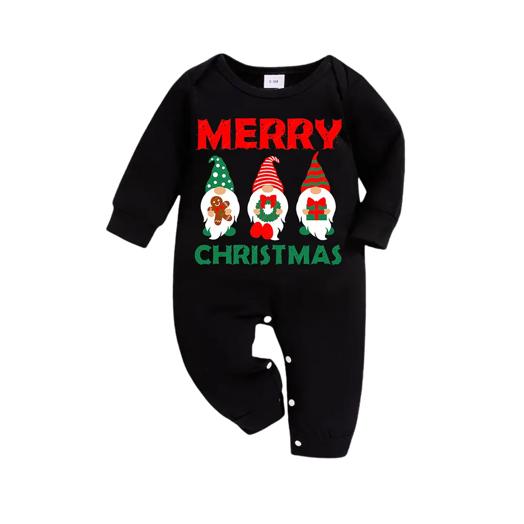 Christmas Elf Pattern Black Long Sleeve Top with Black And Green Plaid Pants Family Matching Pajamas