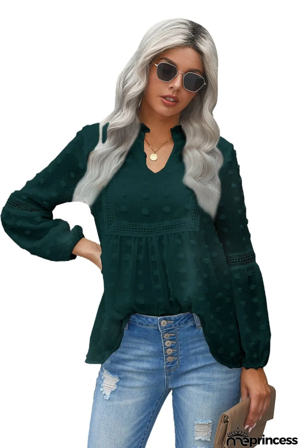 Ruffled Split Neck Lace Hollow Out Puff Sleeve Polka Dot Blouse