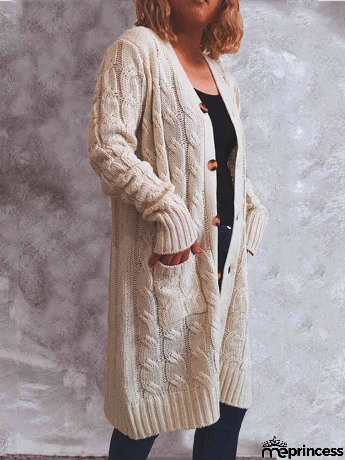 Button Up Cable-Knit Cardigan with Pockets