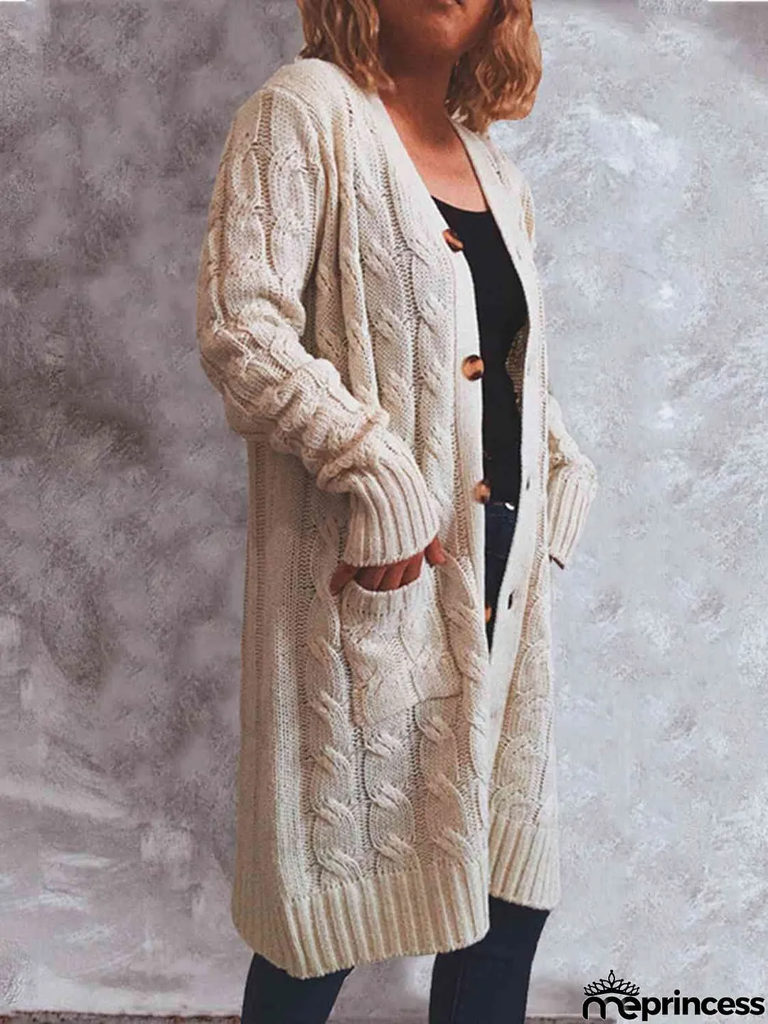 Button Up Cable-Knit Cardigan with Pockets