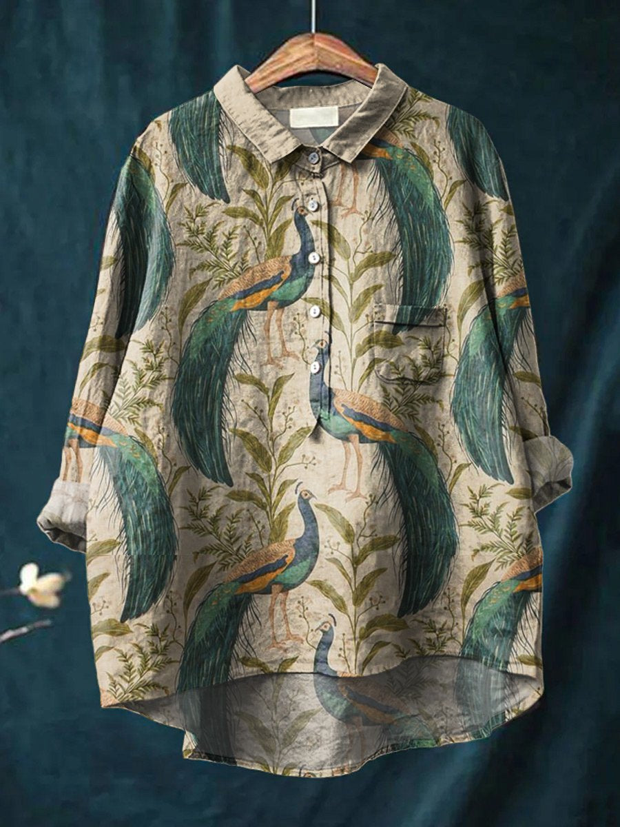 Peacock Decorative Pattern Casual Cotton And Linen Shirt