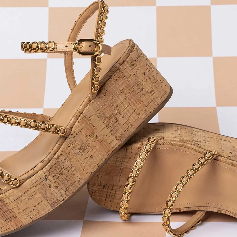 YDN Tan Open Round Toe Gold Accent Ankle Strap Wedge Sandals