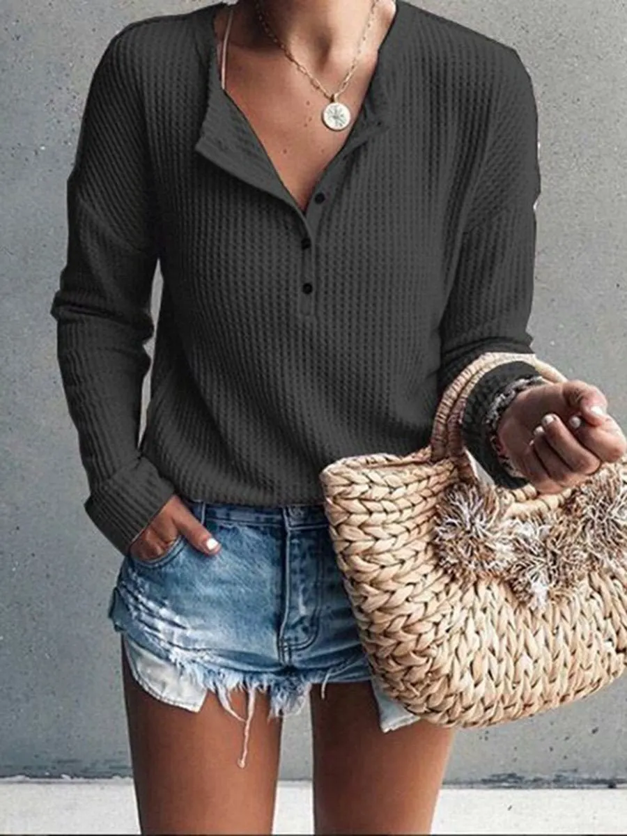 V-Neck Buttons Embellished Long Sleeves T-shirt