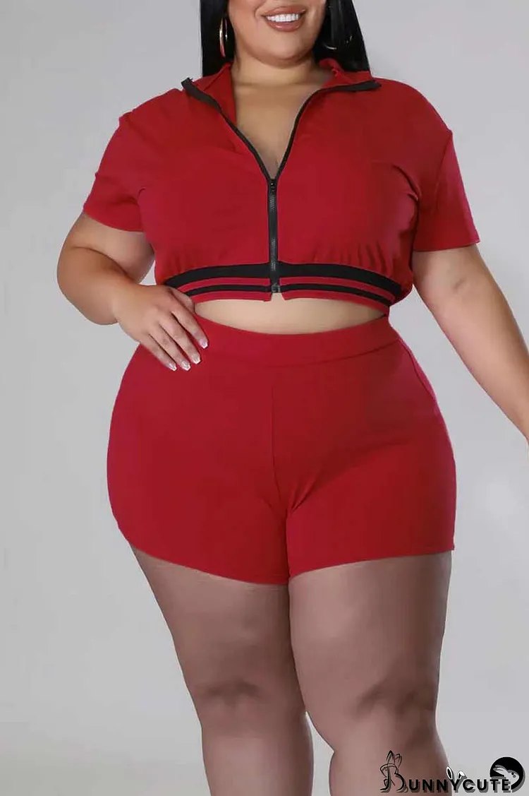 Red Casual Solid Patchwork Zipper Plus Size Two Pieces