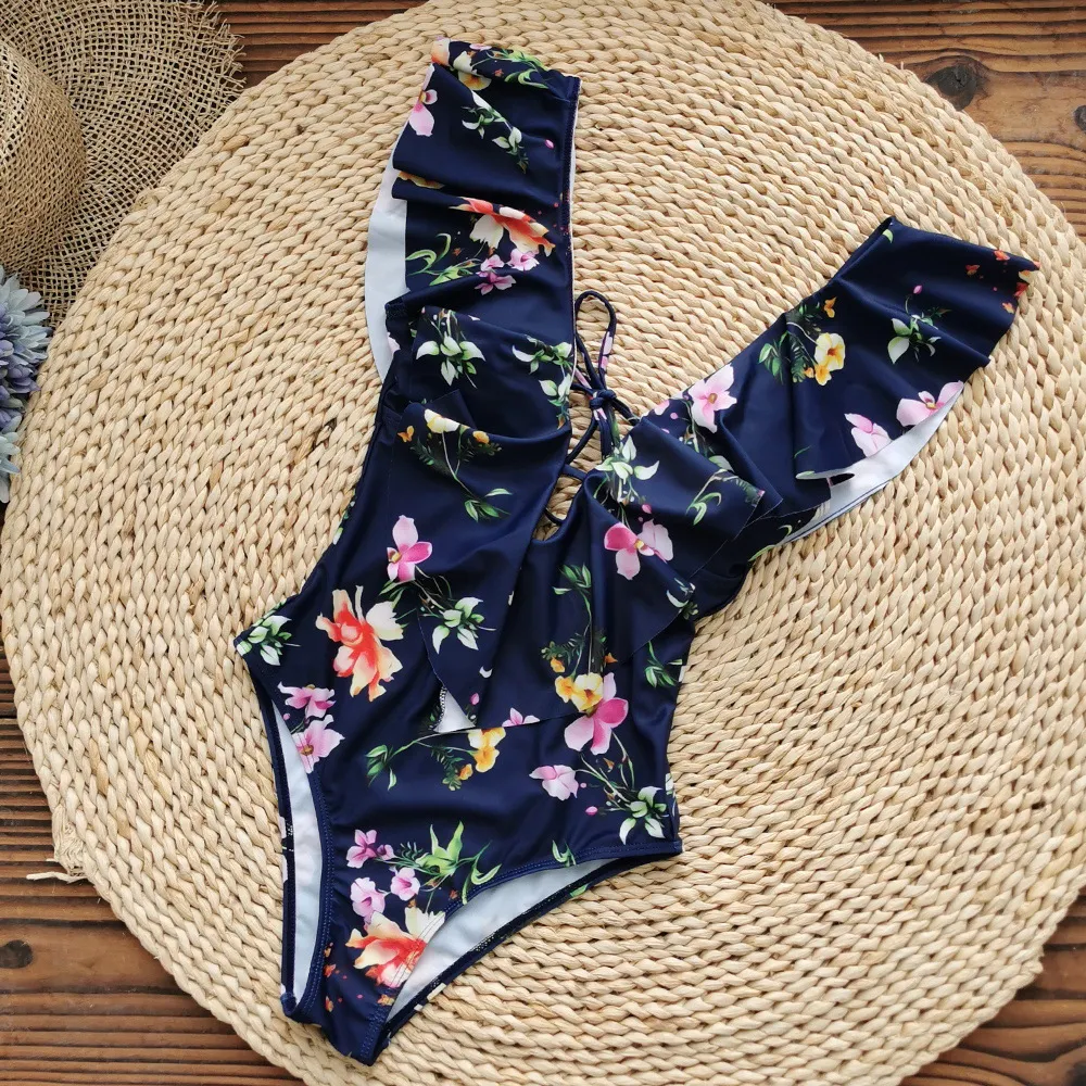 Churchf Printed Flowers Even Lotus Leaf Side Body Swimsuit Women 2025 New Swimsuit Bare Back