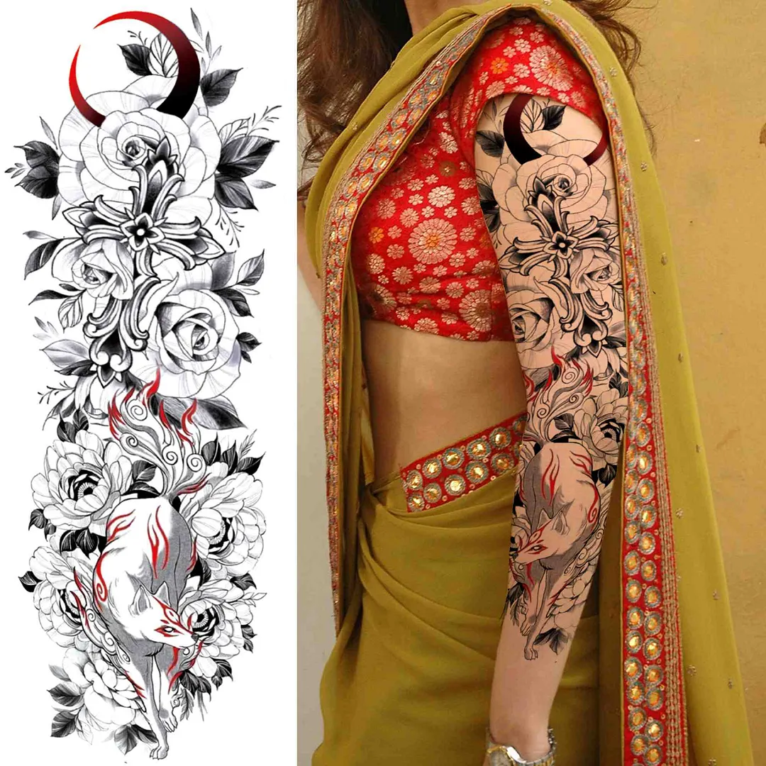 Sexy Girl Flower Temporary Tattoos For Women Men Black Lion Triangle Tattoo Sticker Fake Tribal Full Arm Sleeve Tatoos Paste 1108-1