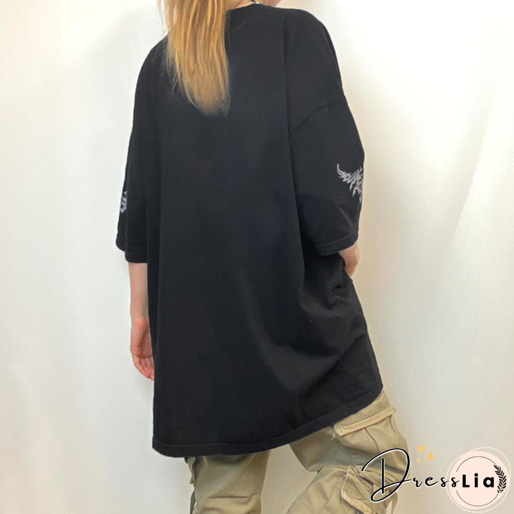 Fashion Oversized Black Long T-Shirts Women Goth Print Aesthetic Grunge Graphic Tees Short Sleeve Tops Summer Clothing