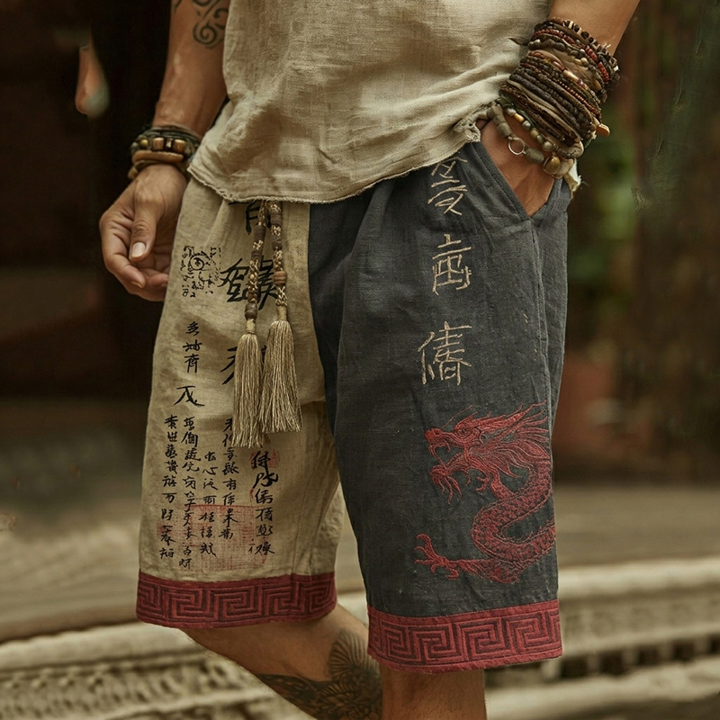 Men's Retro Japanese Calligraphy And Dragon Art Pattern Linen Blend Shorts elevenforest