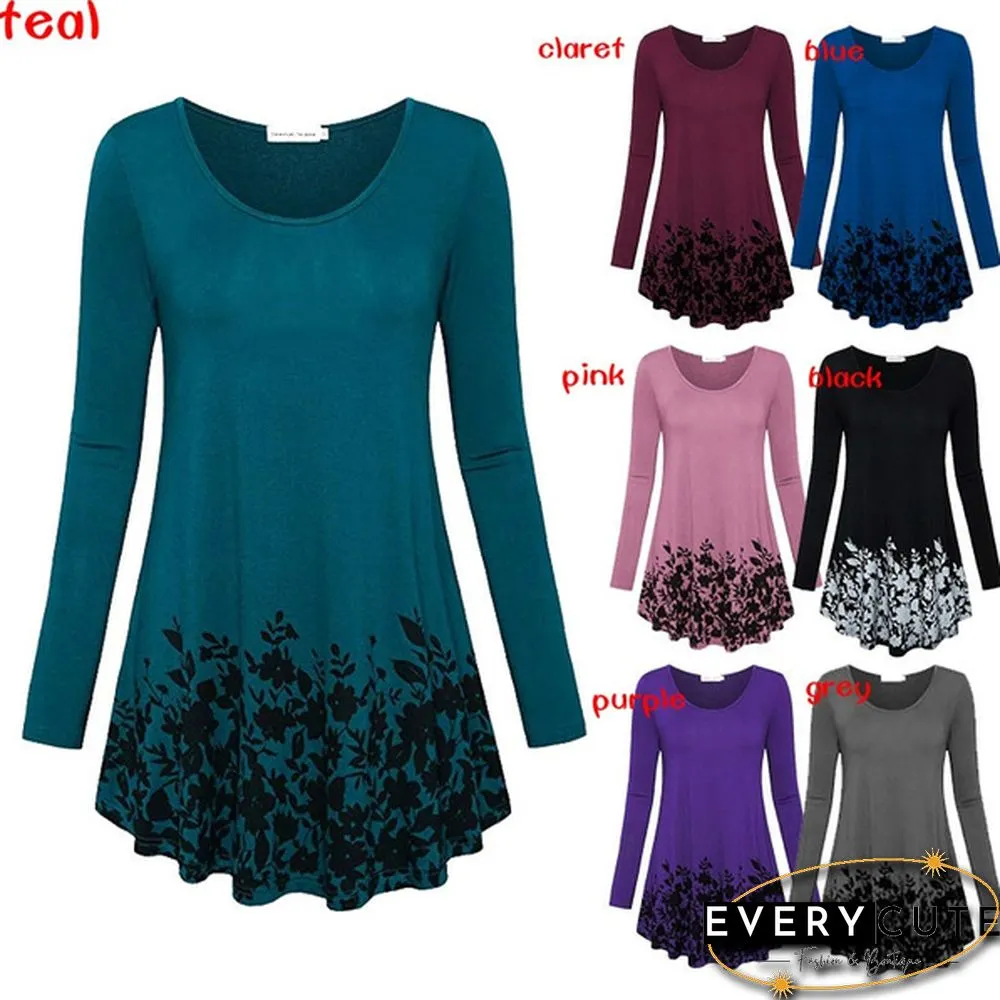 Women Autumn Fashion Floral Printed Tunics Women Basic Long Sleeve Casual Tops T-Shirt