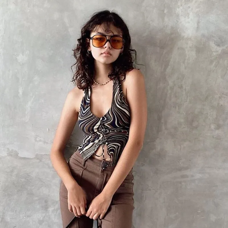 HEYounGIRL Summer Print Sleeveless Backless Tank Top Women V Neck Sexy Halter Crop Tops Tees Vintage Fashion Camisole Streetwear
