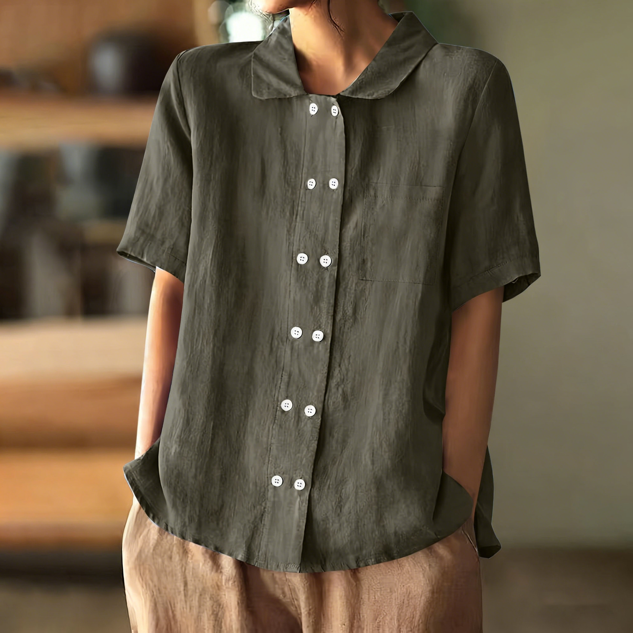 Women Loose Button Down Plain Cotton Linen Short Sleeve Blouse elevenforest