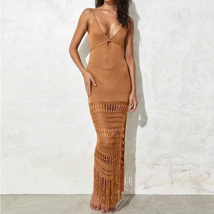 Solid Color Tassels Bikini Swimwear Cover Up Dress HL9771