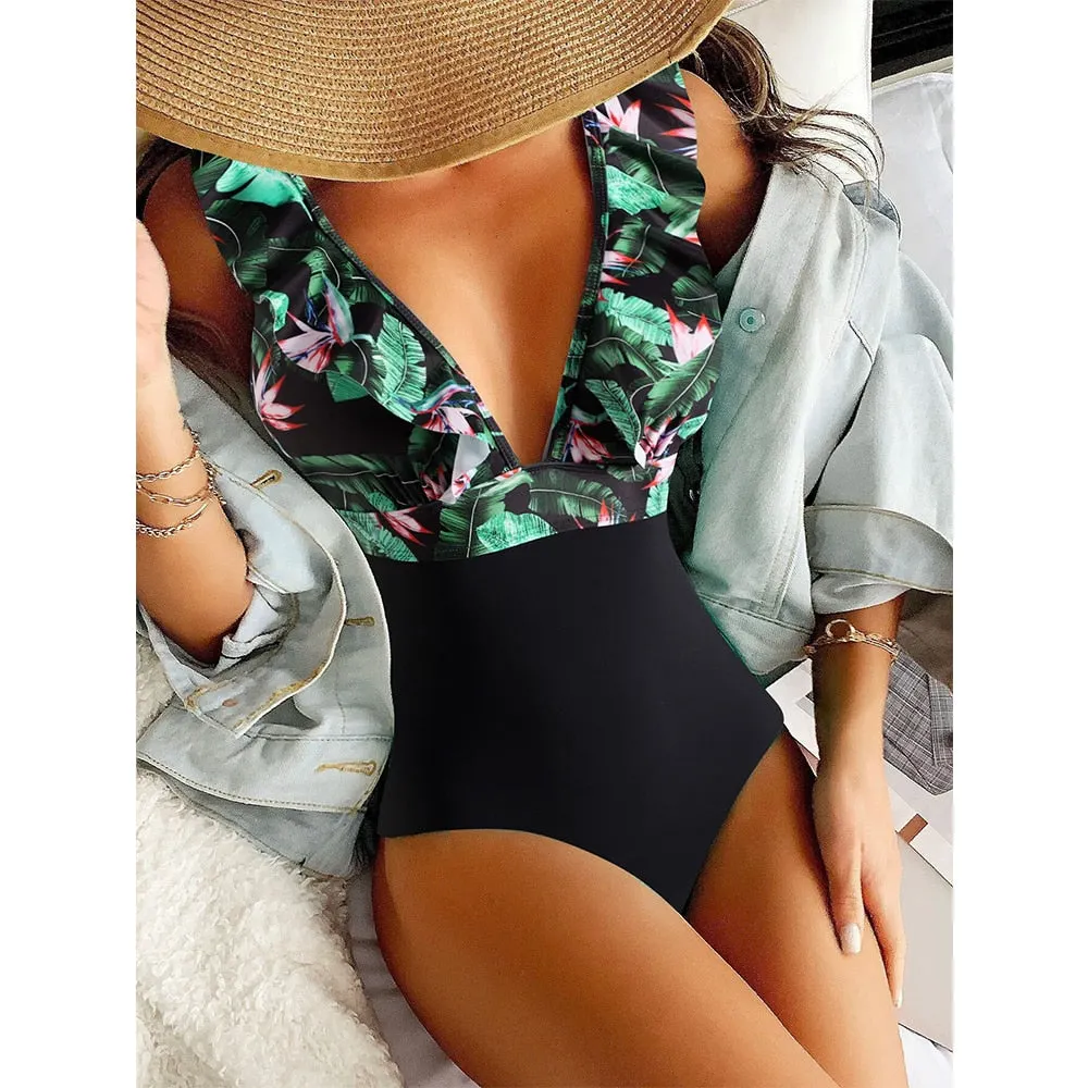 2022 New Sexy Ruffle One Piece Swimsuit Off The Shoulder Print Floral Swimwear Women Solid Deep-V Bathing Suits Summer Beachwear
