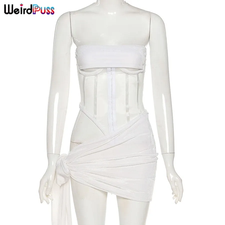 Weird Puss Sexy Women Skinny 2 Piece Set Velvet Patchwork Mesh Corsets Top+Bandage Skirts Matching Suit Activity Clubwear Outfit