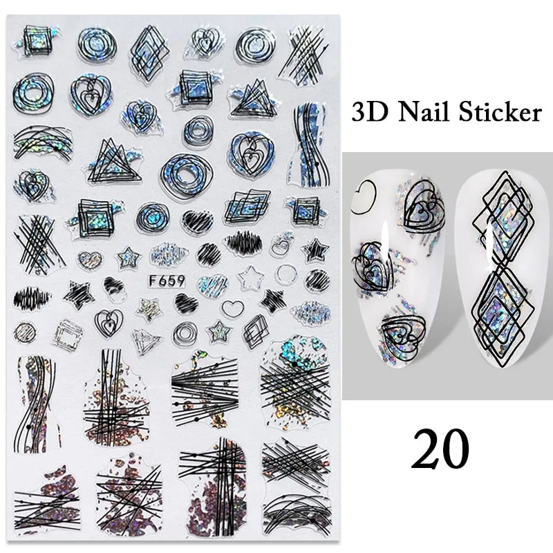 1PC iridescent Gold Black White 3D Nail Sticker Leaves Geometric Tropical Beach Decals DIY Slider Decoration Manicures-Nail Inspo
