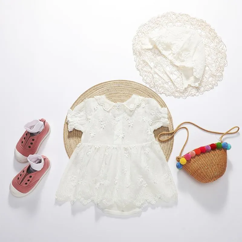 0-3Yrs Infant Clothes Rompers 2020 Summer Newborn Grils Cotton Lace Romper With Cap 2pcs Set Baby Girls Overall White
